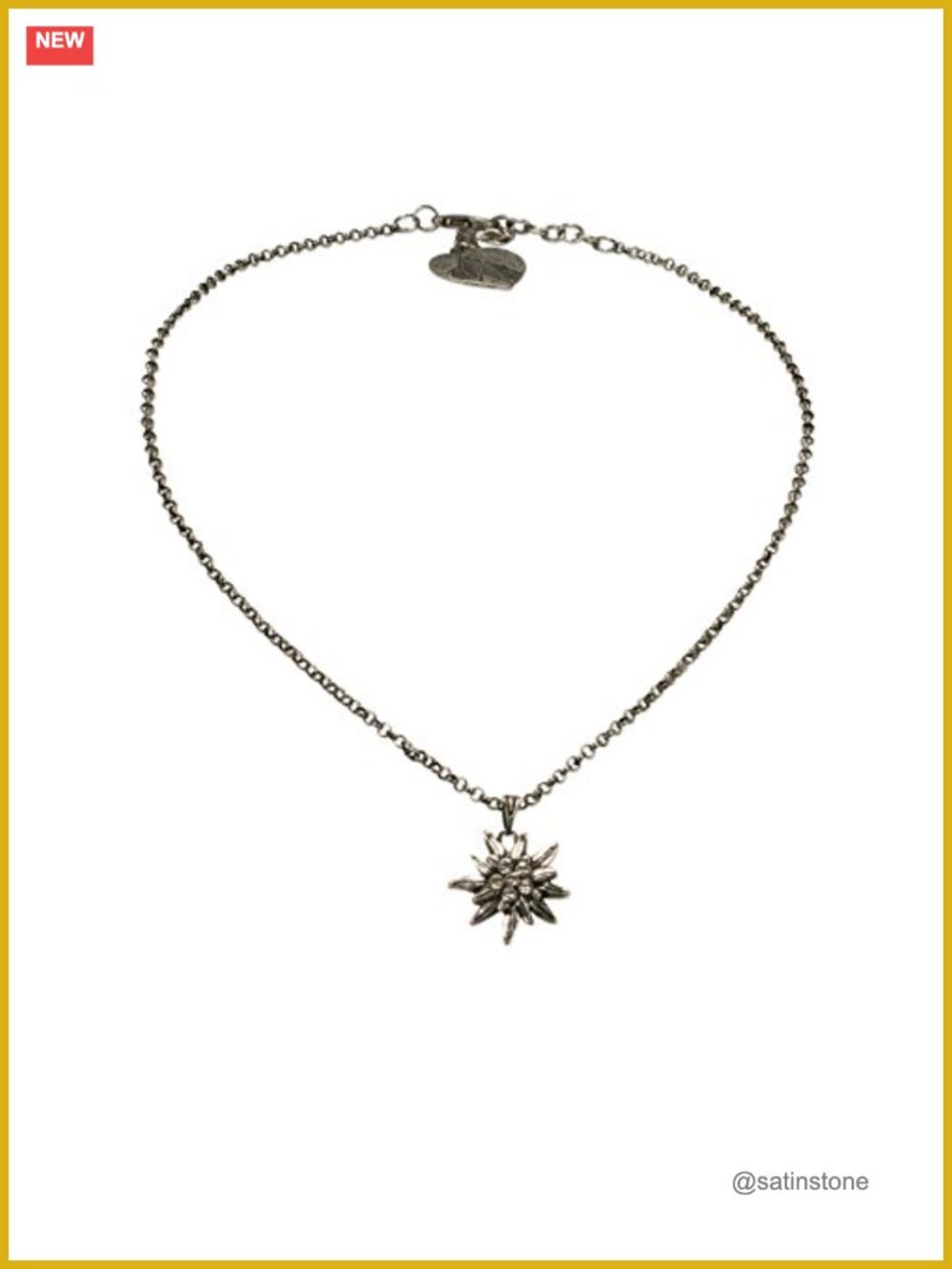 Edelweiss Rhinestone Pendant Necklace for Dirndl Oktoberfest, Antique Silver